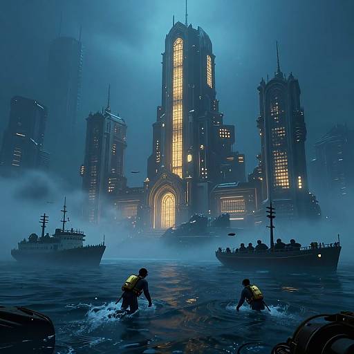 Cyberpunk scene: Two divers in yellow vests wade through misty, dark blue water towards a towering, illuminated, gothic skyscraper surrounded