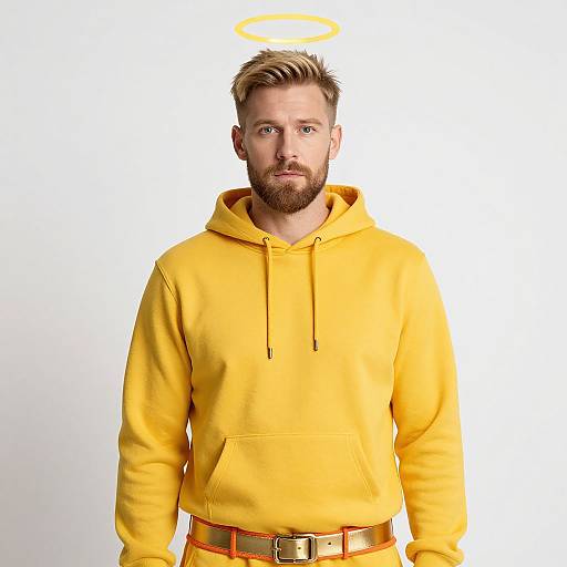 Photograph of a bearded man with short blonde hair, wearing a bright yellow hoodie and golden belt, with a glowing halo above his head against a