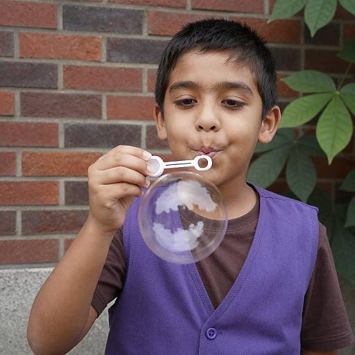 Smiling Boy Blowing Bubble Outdoors