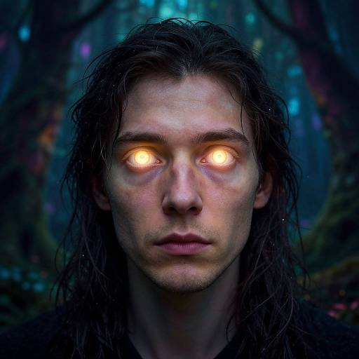 Photographic CGI portrait of a mysterious, long-haired man with glowing orange eyes, set against a dark, enchanted forest background.