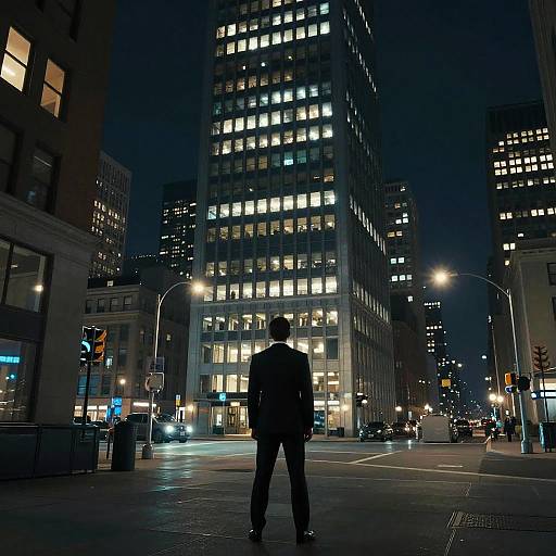 Night cityscape photograph of a silhouetted man standing at an illuminated, busy intersection, with tall, lit-up office buildings in the background.