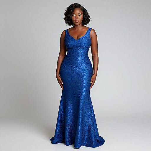 Photograph of a curvy Black woman with short, curly hair wearing a form-fitting, vibrant blue, sequined evening gown with a V-neck