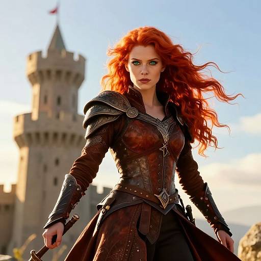 Photograph of a fierce red-haired woman in medieval armor with wavy hair, standing before a castle tower under a clear sky.