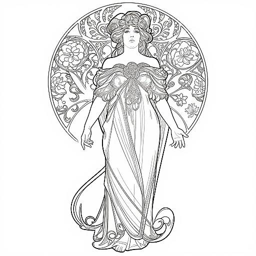 Black-and-white line drawing of a woman with flowing dress, floral headpiece, and circular floral halo, standing gracefully, detailed and elegant.