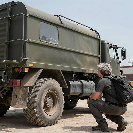 Crouching Man Beside Military Truck
