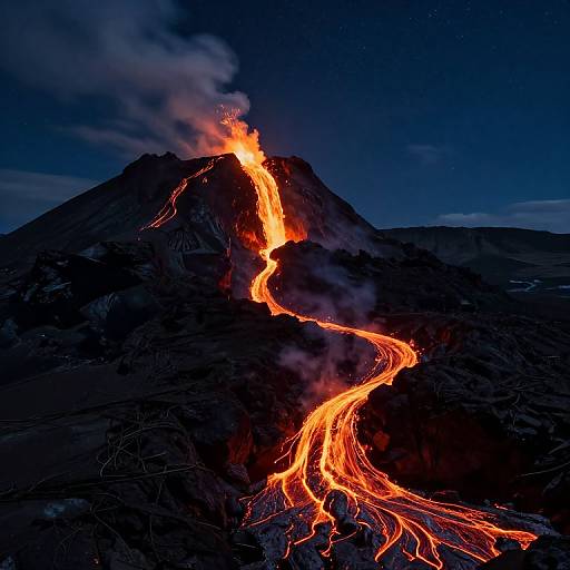 Photograph of an erupting volcano at night, with bright orange lava flows cascading down a dark, rocky mountain, against a deep blue starry