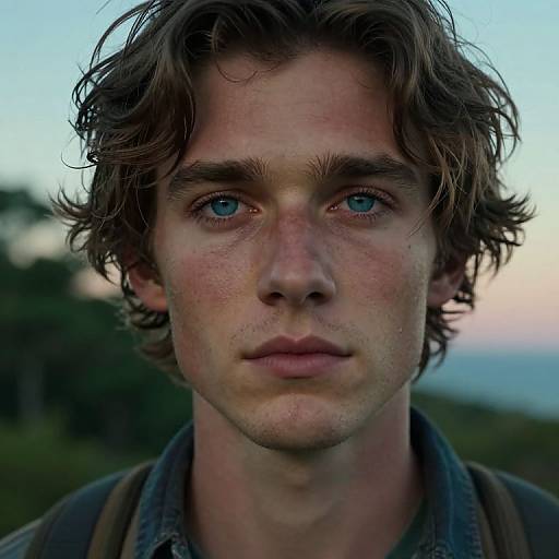 Photograph of a young man with blue eyes, wavy brown hair, and freckles, wearing a gray jacket, against a twilight sky background