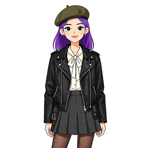 Anime-style drawing of a purple-haired woman with green beret, black leather jacket, white blouse, black skirt, and black tights.