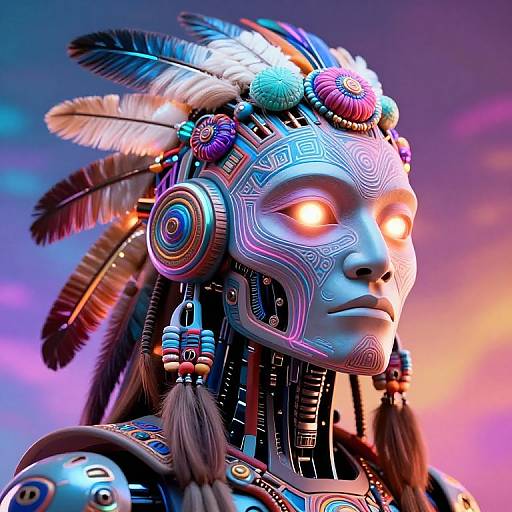 Digital art of a futuristic Native American warrior with glowing orange eyes, intricate metallic mask, colorful feathers, and vibrant sunset background.