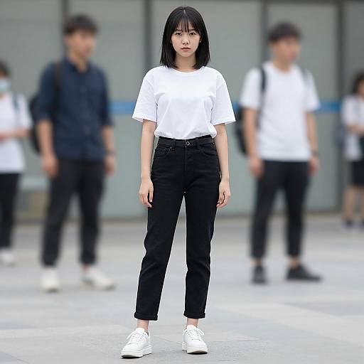 Photograph of an Asian woman with straight black hair, wearing a white t-shirt, black pants, and white sneakers, standing in a blurred urban background