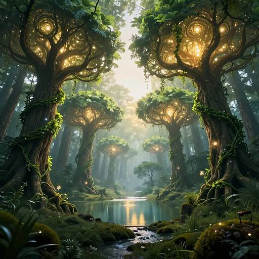 Fantasy forest scene with glowing, enchanted trees surrounding a reflective pond, illuminated by sunlight filtering through dense foliage. Digital art.