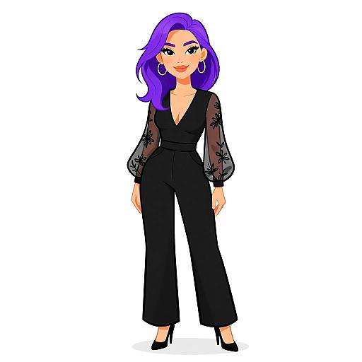 Digital illustration of a stylish woman with vibrant purple hair, wearing a black sheer lace top and high-waisted black pants, standing confidently in black heels