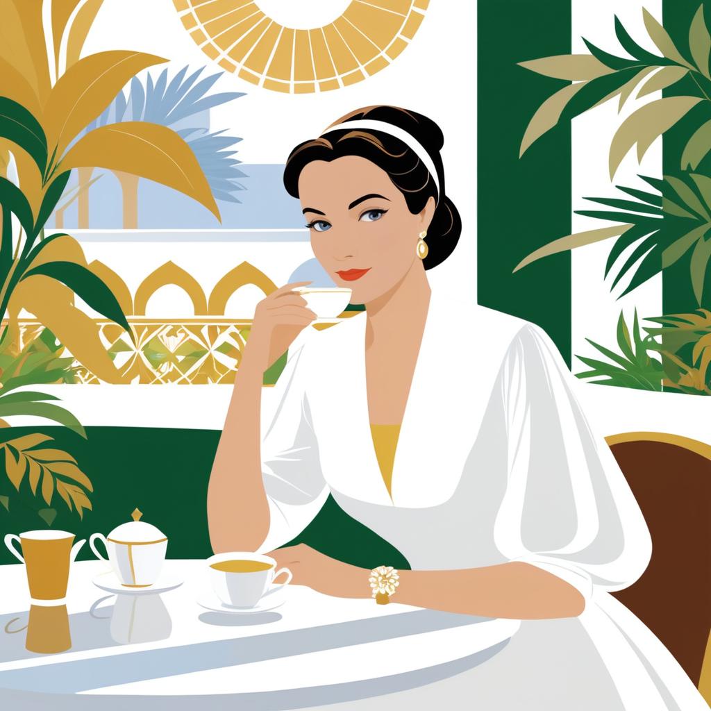 Elegant Woman in Greek-Inspired Café Scene