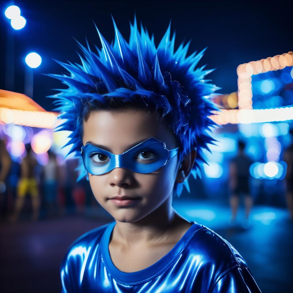 Vibrant Portrait of Young Superhero at Carnival