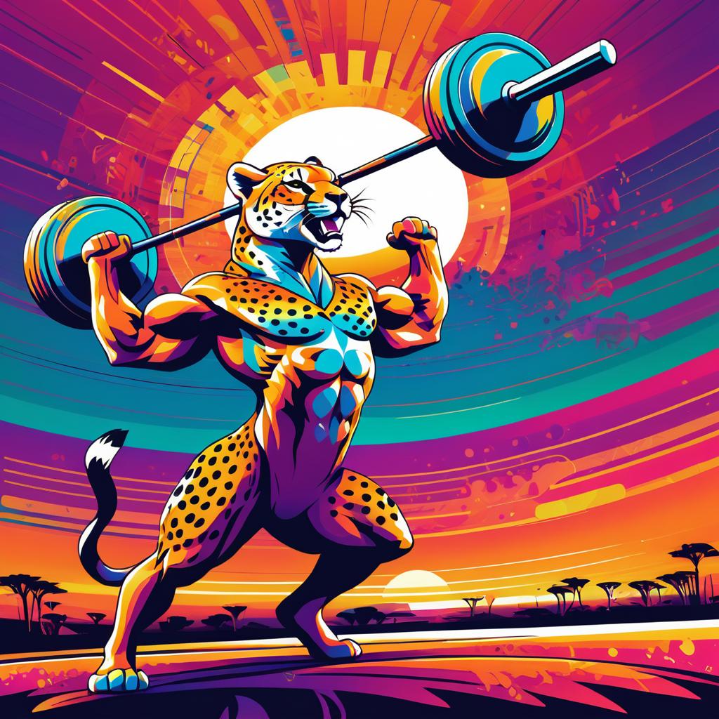 Dynamic Cheetah Lifting Barbell Abstract Art