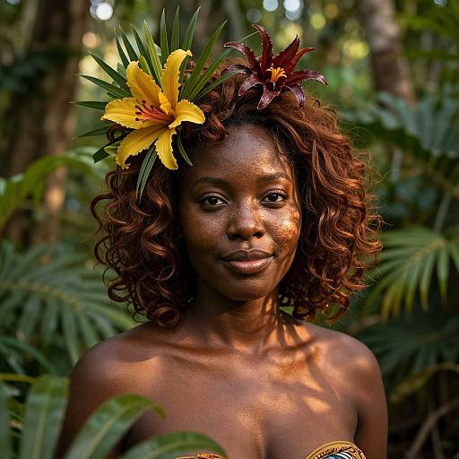 Photograph of a dark-skinned woman with curly brown hair, adorned with a yellow flower and red orchid, standing in a lush, sunlit