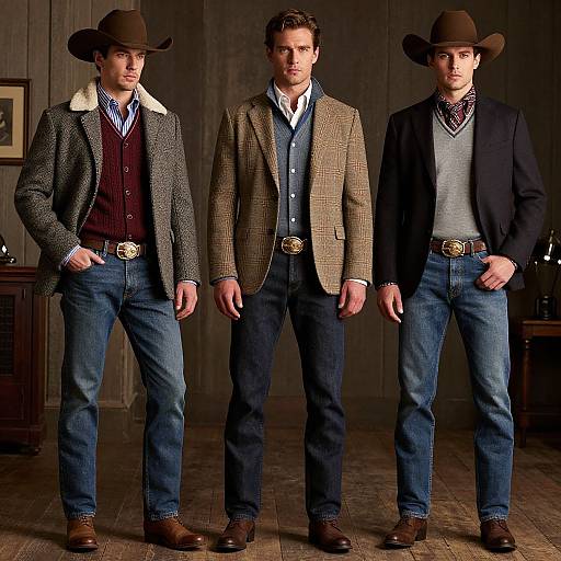 Photograph of three men in cowboy hats, wearing different western-style outfits with blazers, vests, and jeans, standing in a wooden room.