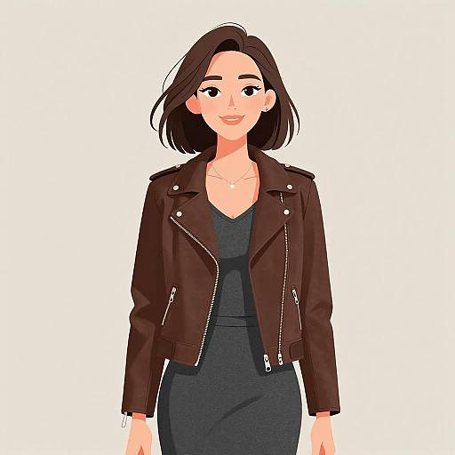 Digital illustration of a smiling woman with shoulder-length black hair, wearing a dark brown leather jacket over a black dress, against a plain white background.