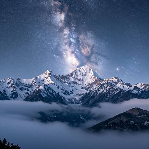 Photograph of a snow-capped mountain range under a starry night sky with the Milky Way prominently visible, surrounded by clouds.