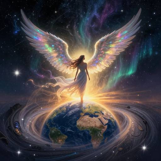 Digital artwork of a silhouetted angel with vibrant, rainbow-hued wings standing on Earth, surrounded by swirling cosmic clouds and stars.