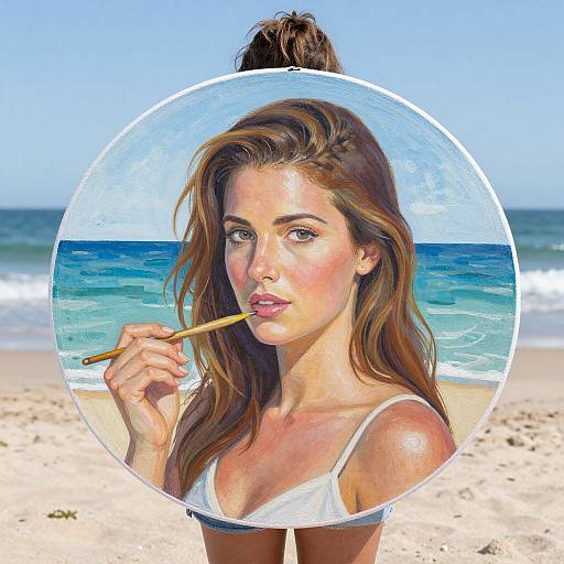 Photograph of a beautiful woman with long brown hair, wearing a white bikini top, licking a popsicle on a sunny beach. Circular inset with detailed