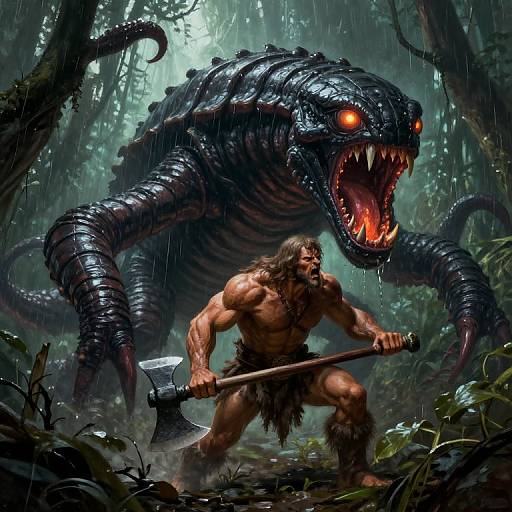 Digital fantasy artwork: Muscular, bearded man in tattered loincloth wields axe, confronts massive, black, scaly, red