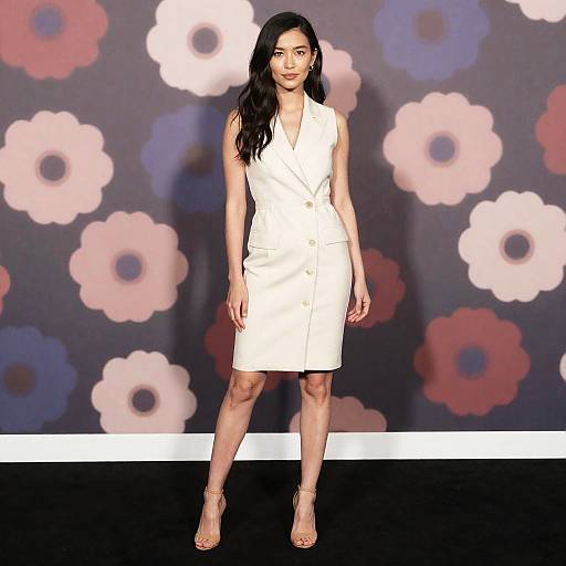 Photograph of a young woman with long black hair, wearing a sleeveless white knee-length dress, standing against a colorful flower-patterned background.