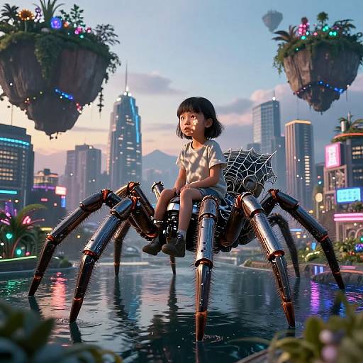 Digital art: Asian girl with short black hair, white shirt, and gray shorts sits on a spider-like mech with metallic legs, in a futuristic city