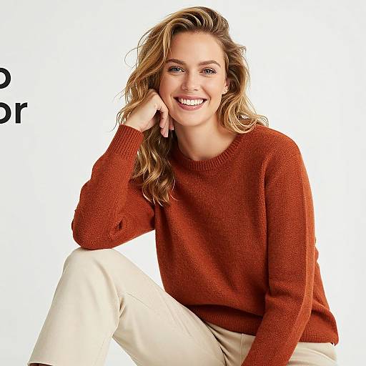 Photograph of a smiling blonde woman with wavy hair, wearing a red knitted sweater and beige pants, against a white background.