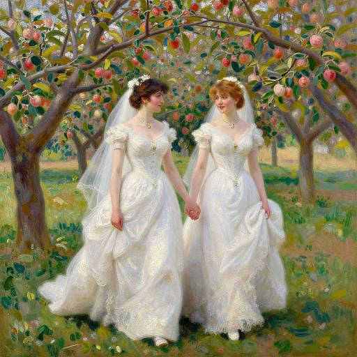 Digital painting of two brides in white lace dresses holding hands under an apple tree with red apples, surrounded by green grass. Bright, impressionistic style.