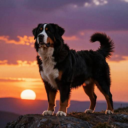 Photograph of a black and white Bernese Mountain Dog standing on a rocky ledge at sunset, with a vibrant orange and purple sky in the background.