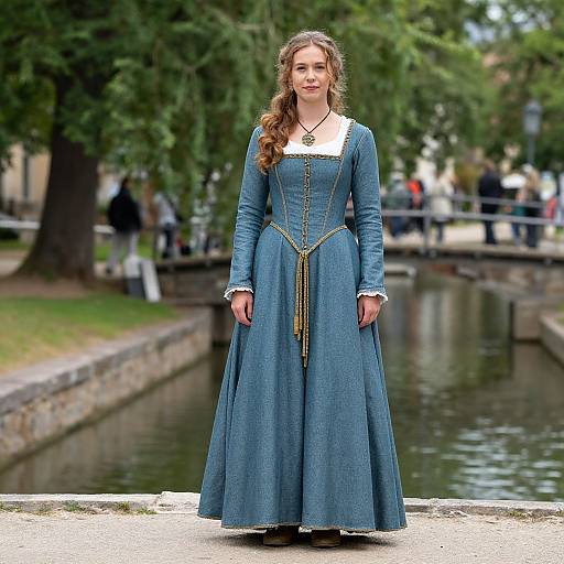 Photograph of a young woman with wavy brown hair in a blue, long-sleeved, Renaissance-style dress standing by a canal with trees and