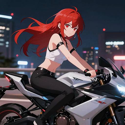 Anime-style digital artwork of a red-haired woman with long hair, wearing a white crop top and black pants, riding a white motorcycle at night with city