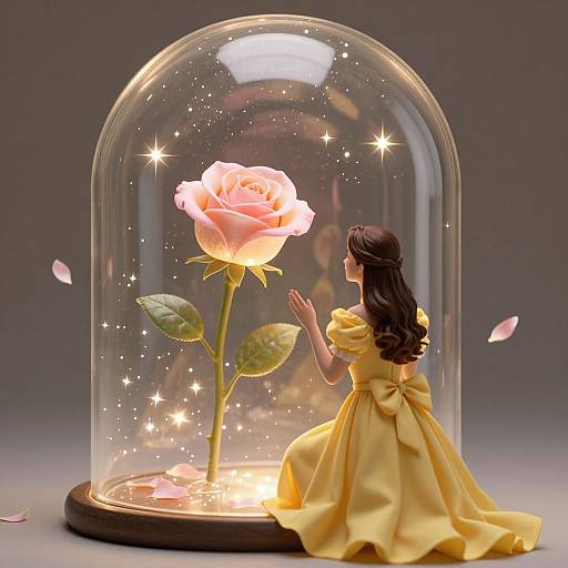 Photograph of a glass dome containing a pink rose, a kneeling girl in a yellow dress, with sparkling lights and petals.