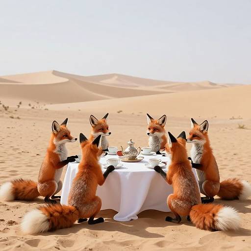 Photograph of five red foxes with white-tipped tails, sitting around a white-clothed table in a desert, playing tea party with a