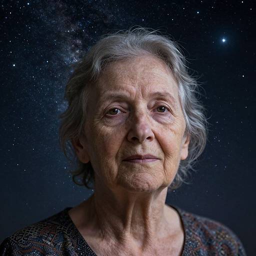 Photograph of an elderly woman with gray hair, wrinkled skin, and gentle smile, set against a starry, cosmic background.