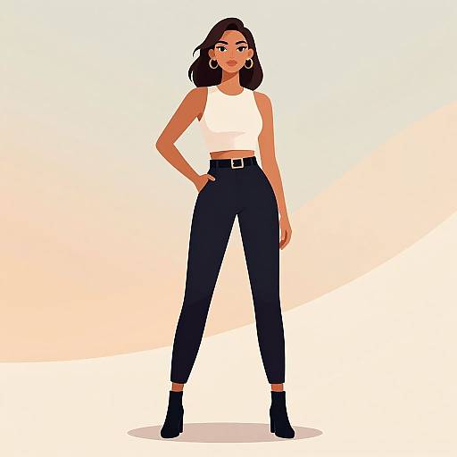 Digital illustration of a confident woman with dark skin and black hair, wearing a white sleeveless top, black high-waisted pants, black ankle boots
