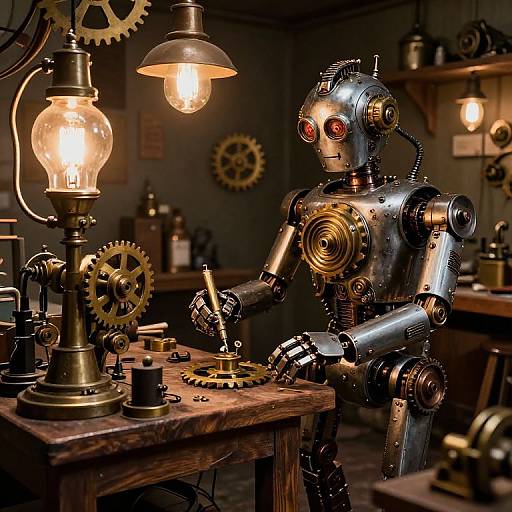 Photograph of a shiny, red-eyed, silver robot with metal gears, working at a wooden table with vintage lamps and clockwork mechanisms in a dim