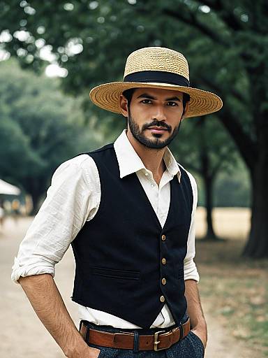 Man Wearing Straw Hat and Black Vest Outdoors