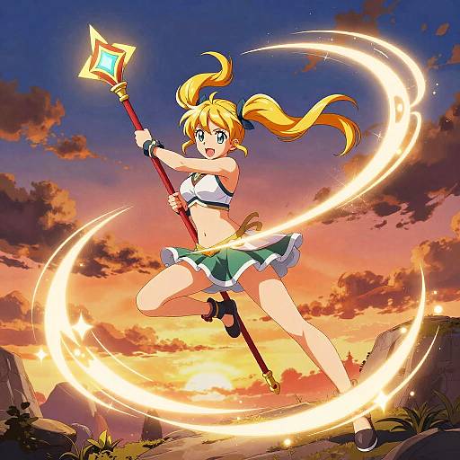 Anime Girl with Magical Staff at Sunset