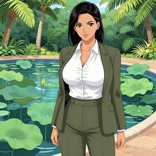 Anime-style digital drawing of a black-haired woman in a green suit and white shirt standing by a lily pond with palm trees.