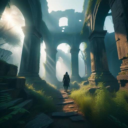 Mysterious Wanderer in Foggy Ruins