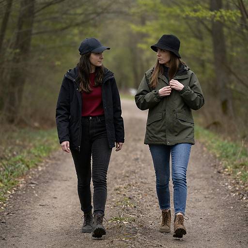 Forest Walk: Women in Green Jackets