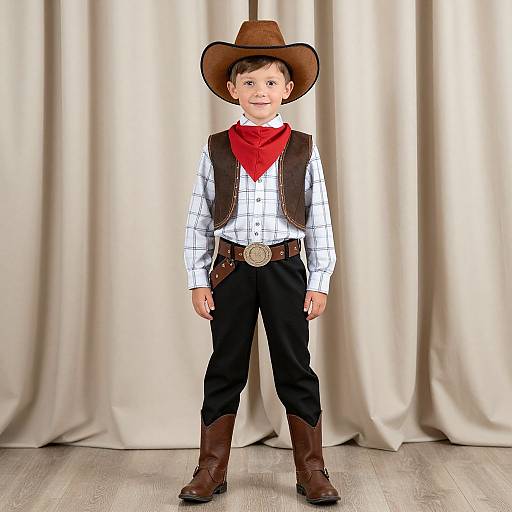 Photograph of a young boy in cowboy attire: brown hat, red bandana, white checkered shirt, black pants, brown vest, belt with