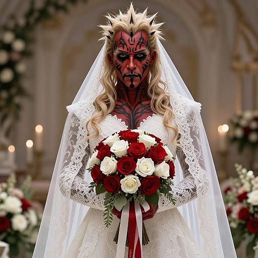 Digital artwork of a red-skinned, demon-like bride with black tribal markings, long blonde hair, white lace dress, and veil, holding a bouquet