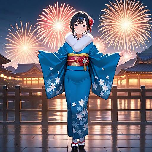 Anime Girl in Blue Kimono New Year