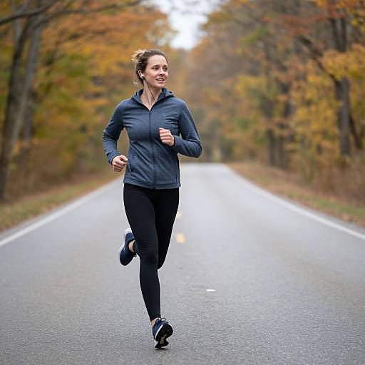 Photograph of a Caucasian woman with brown hair in a ponytail, wearing a blue zip-up jacket and black pants, running on a tree-lined autumn