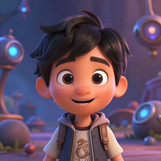 CGI cartoon boy with black hair, brown eyes, and a smile, wearing a gray hoodie and blue vest, in a whimsical, blue-l