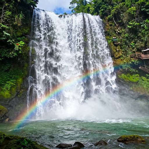 Photograph of a powerful waterfall cascading into a green, rocky pool, with a vibrant rainbow arching over the spray. Dense, lush greenery