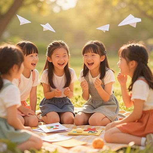 Tween Girls Laughing at Picnic